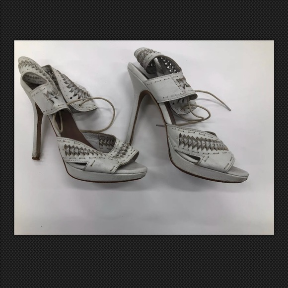 Zara Pumps Size 6 EU 37 Ivory Woven Ankle Straps - Picture 3 of 8